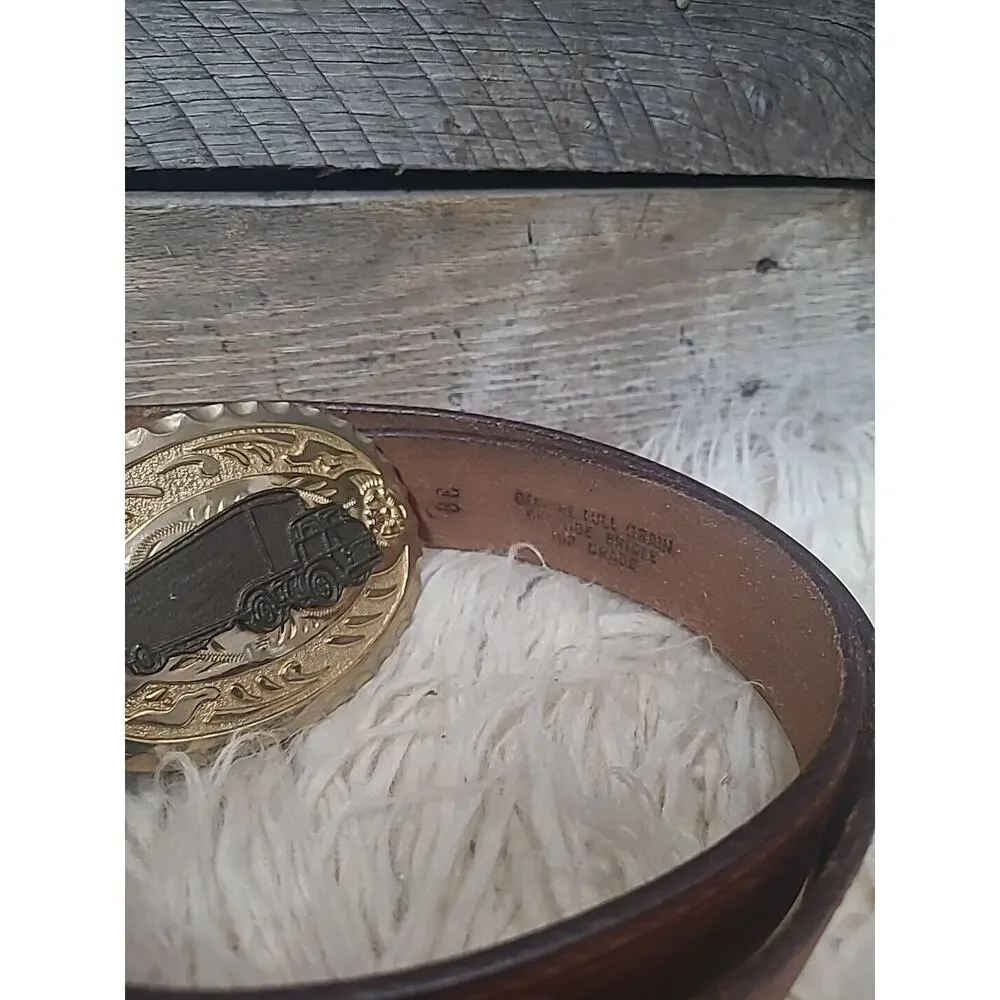 Semi Truck Trucker Gold Buckle Genuine Full Grain Cowhide Bridle Leather Belt